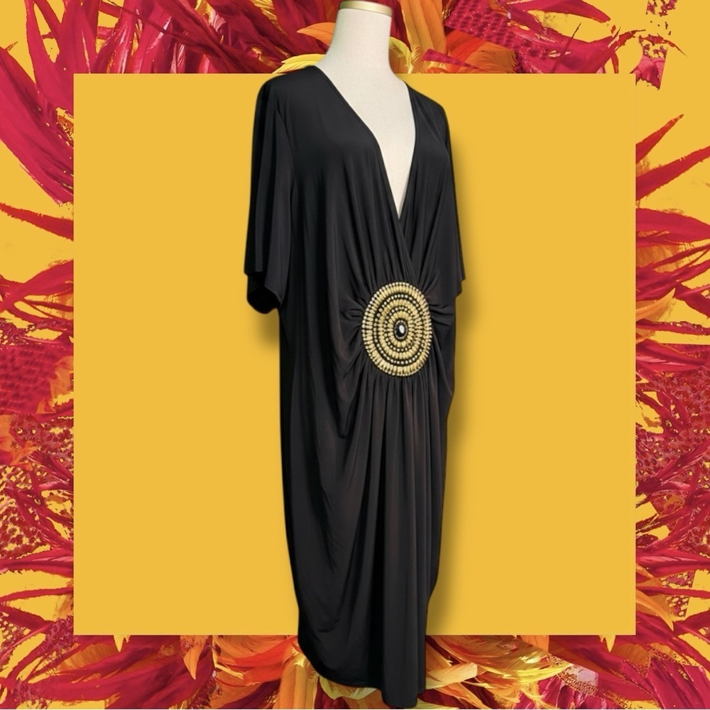 Ashley Stewart Black Jersey Knit Gathered Gold Beaded Medallion Accent Dress 26